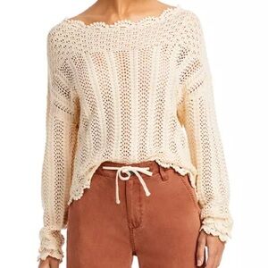 Paige Cream Cable Knit Sweater Size Small Boat Neck Cropped Drop Shoulder
